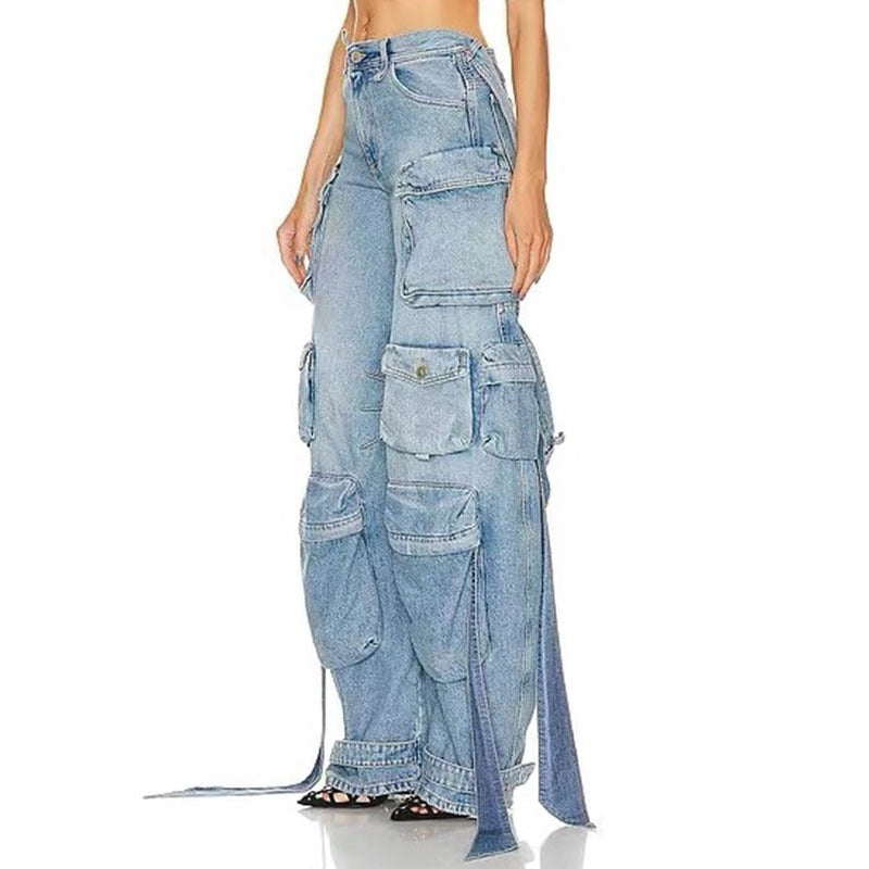 Women's Designer Cargo Denim Wide Leg Jeans Pants Decorative Straps Split Back Jeans