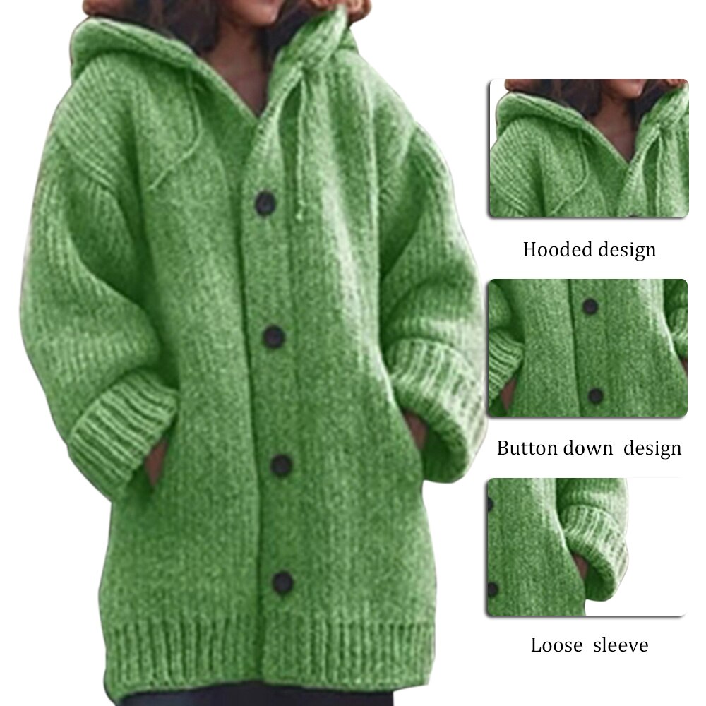 Winter Women Hooded Shacket Cardigan Casual Knit Hoodie Solid Button Knitted Sweater Coat Warm Long Sleeve Pocket Plus Size Female Knitwear Outwear