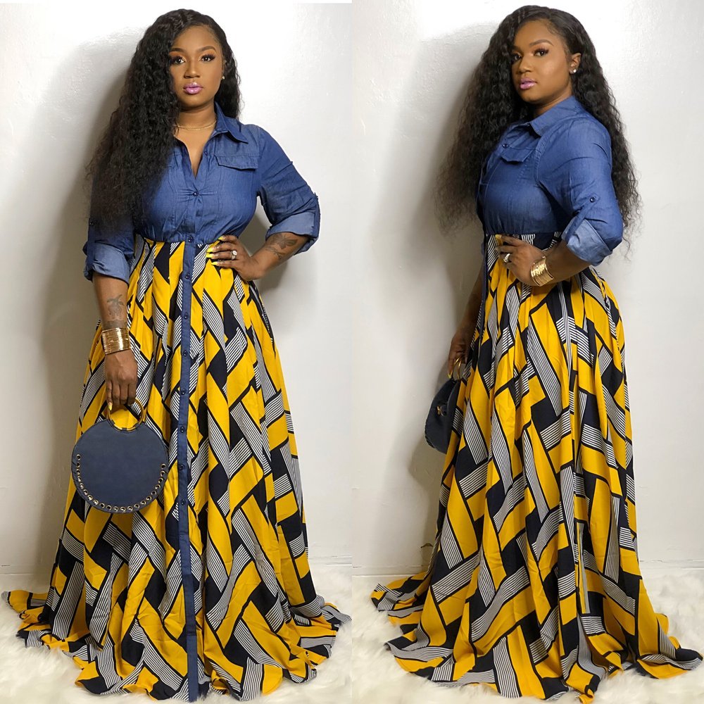 Women's Jean and African Print Maxi Dress