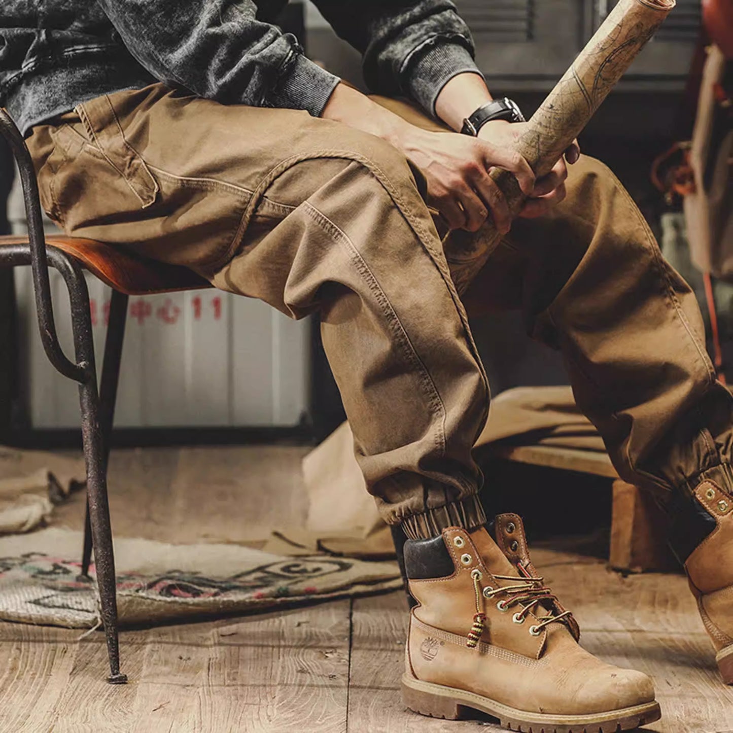 Men's Baggy Heavyweight Cargo Pants Retro Work Pants Men's Fall Loose Fit Casual Pants Men's Autumn Wide Leg Strap Pants