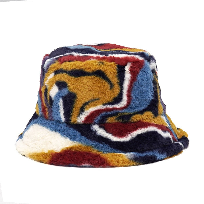 Colorful Unique Autumn Winter Camouflage Faux Fur Bucket Hats Fashion Warm Soft Velvet Fluffy Fisherman Hat Ladies Outdoor Panama