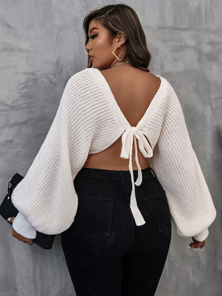 Autumn And Winter New Sexy Hollow Plus Size Women Round Neck Solid Color Knitted Top Loose Sweater