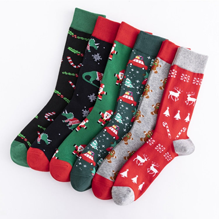 Christmas Colorful Fashion Socks Medium-High Cotton Socks Large Size Christmas Elements Casual Trendy Men's Socks