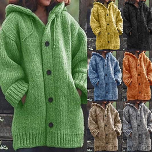 Winter Women Hooded Shacket Cardigan Casual Knit Hoodie Solid Button Knitted Sweater Coat Warm Long Sleeve Pocket Plus Size Female Knitwear Outwear