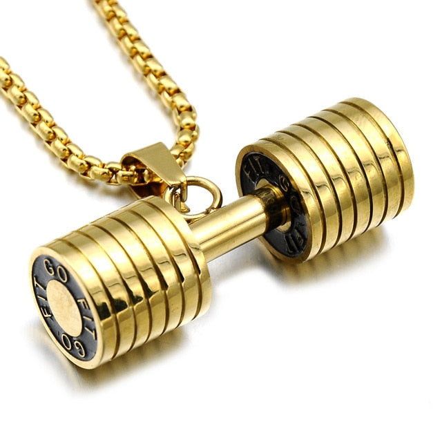 Men Women Unisex Gold Color Titanium Stainless Steel GO FIT Dumbbell Gym Fitness Barbell Pendant Necklace Sports Jewelry