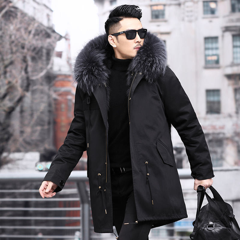 Men's Fur Coat Winter High Quality Fashion With Fur Hooded Lined Thick Warm Parkas Outerwear Mid-length With Long