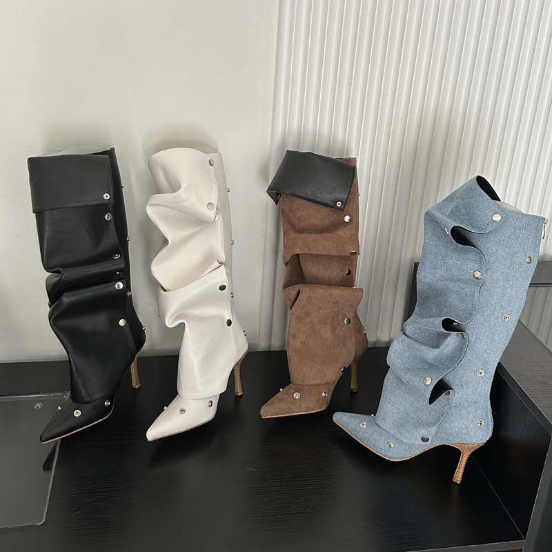 Women's Snap Buttons Denim Boots Removable Uppers Women Knee Length Denim Boots