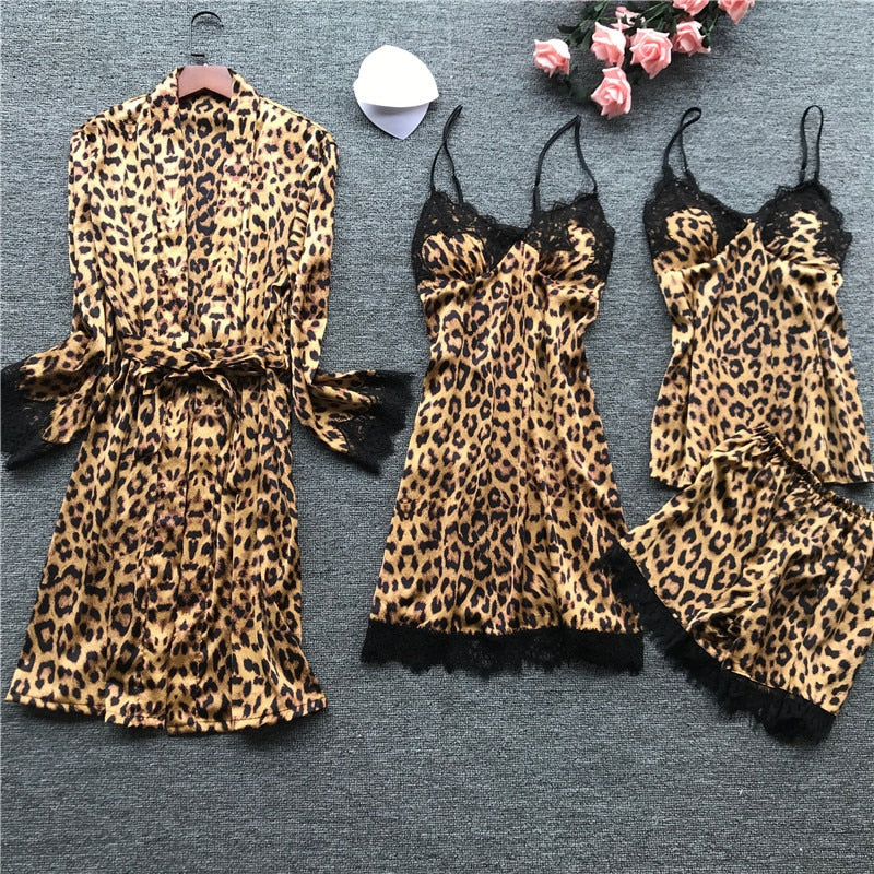 Women's Leopard Print Long Sleeve Pajamas Woman Ice Silk Fashion Animal Print Sexy Pajama Set Pajama Top and Bottom