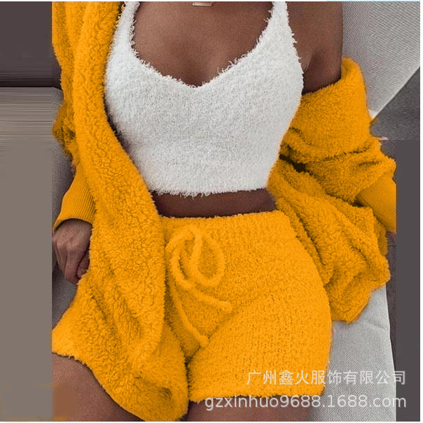 Women's Winter Plush Pajama Crop Top Shorts Set Casual Three-Piece Set 3-Pcs Pajamas Long Sleeved Shorts sports set