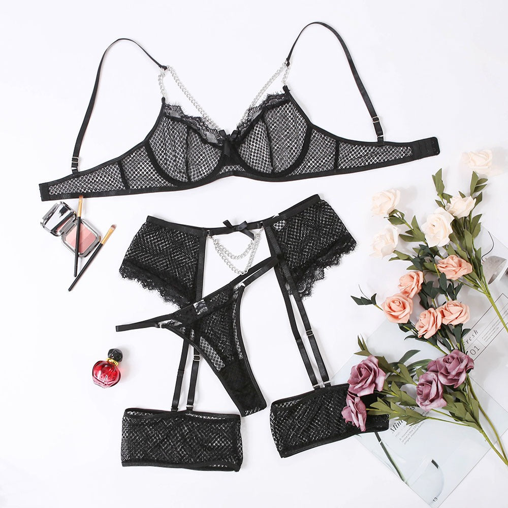 Women's Mesh Mosaic Eyelash Lace Chain Lingerie Set