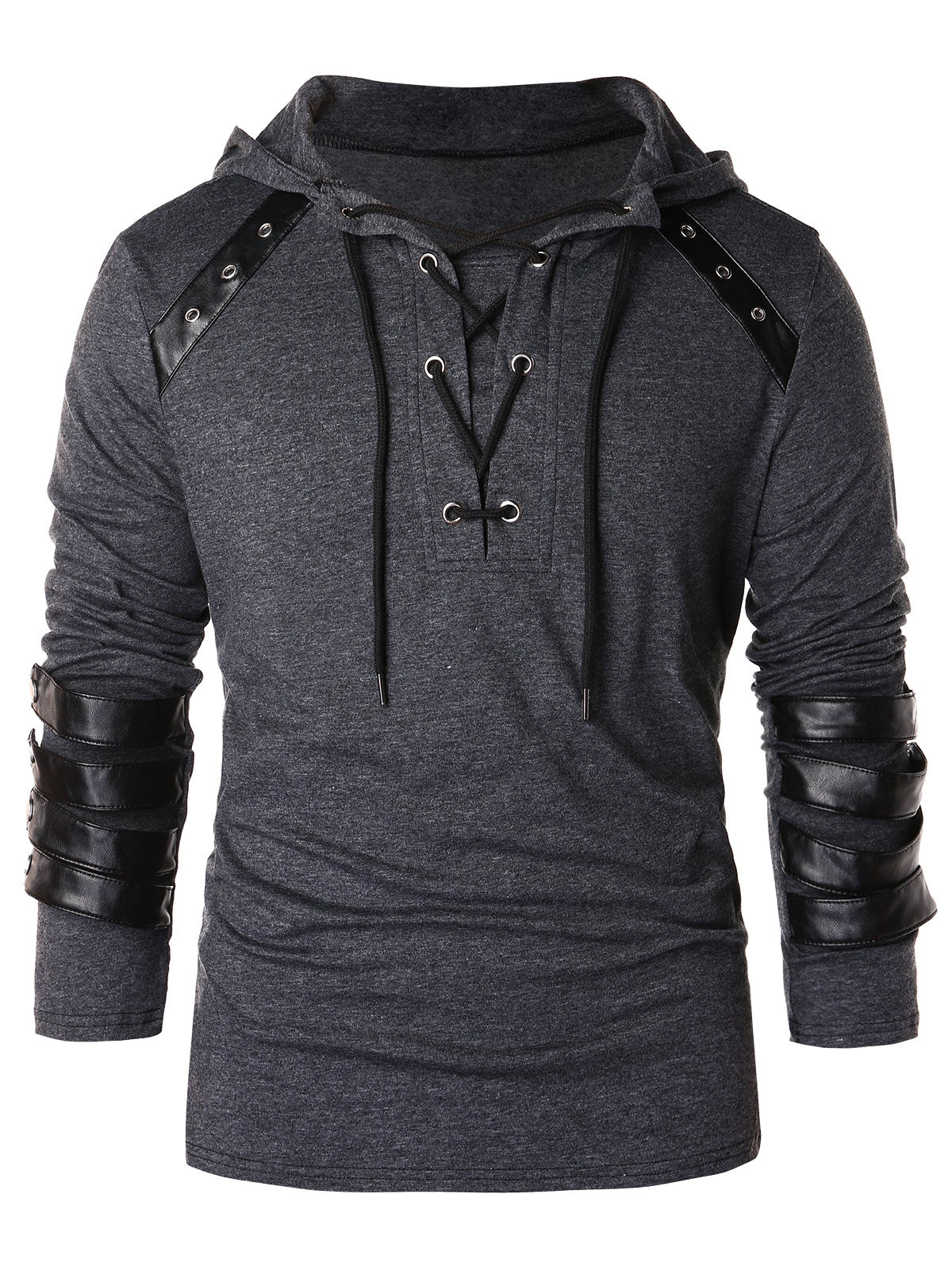 Men's Faux Leather Lace Up Hoodie Long Sleeve Streetwear Retro Steampunk Gothic Vintage Medieval Top Shirt Viking Elven Valhalla Men's Masquerade Party Evening Shirt