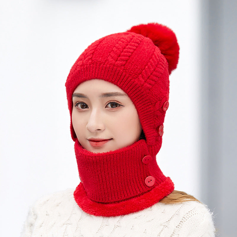 Winter Women's All in One Warm Hat Knitted Neck Scar Mask One Piece Hat Outdoor Cycling Plush Wool Hat