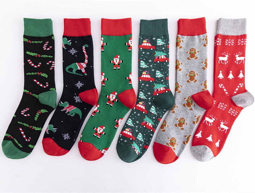 Christmas Colorful Fashion Socks Medium-High Cotton Socks Large Size Christmas Elements Casual Trendy Men's Socks