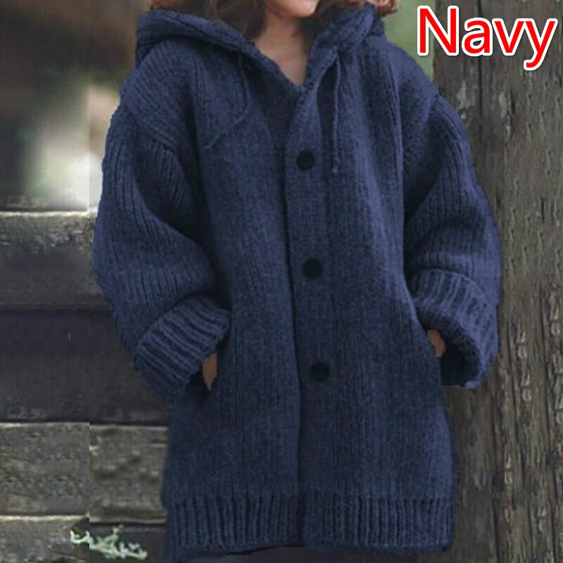 Winter Women Hooded Shacket Cardigan Casual Knit Hoodie Solid Button Knitted Sweater Coat Warm Long Sleeve Pocket Plus Size Female Knitwear Outwear