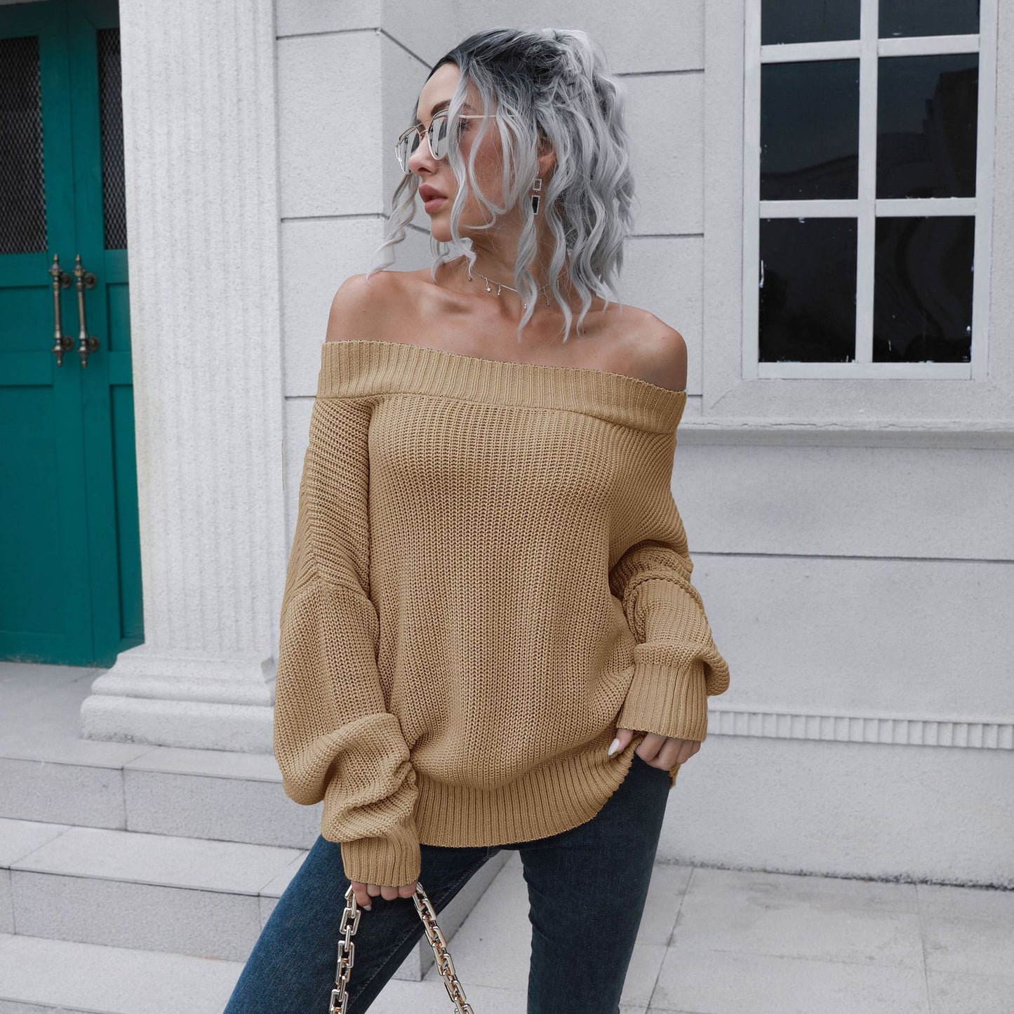 Women's Fall Winter Off Shoulder Knit Sweater Long Sleeve Loose Fit