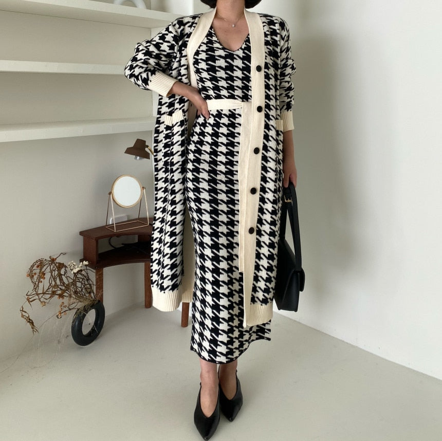 Women's Sweater Dress Set Fashion Vintage Style V-Neck Long Knitted Sweater Coat and Houndstooth Vest Dress Two-Piece Suit