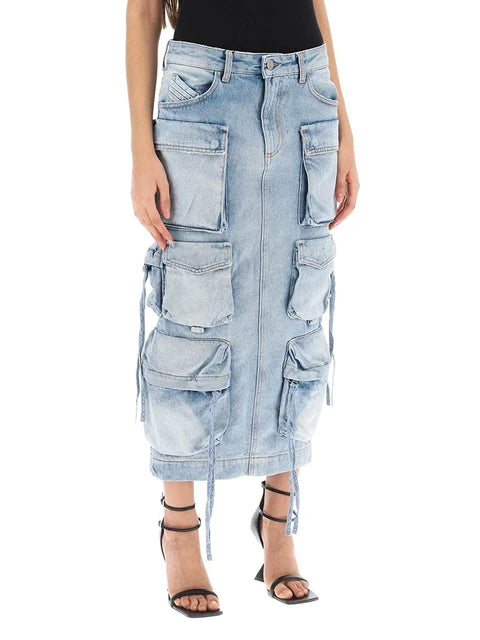 Women's Casual Loose Cargo Style Denim Skirt High Rise High Waist Patchwork Pocket Designer Cargo Skirts Female Fashion New