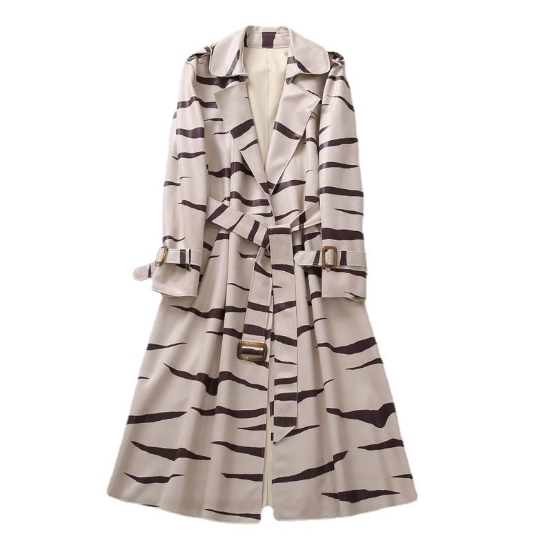 Women's Fall Fashion Runway Tiger Print Trench Coat Autumn Winter Trench Coat Women Turn-down Collar Belted Stripe Print Vintage Overcoat Outerwear