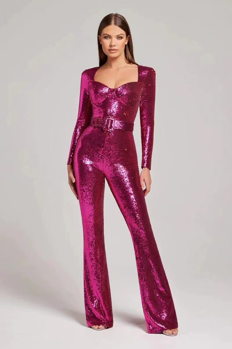 Women's Belted Sequined Jumpsuit Evening