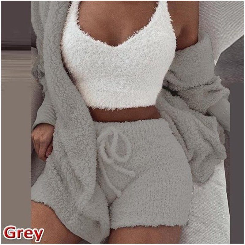 Women's Winter Plush Pajama Crop Top Shorts Set Casual Three-Piece Set 3-Pcs Pajamas Long Sleeved Shorts sports set