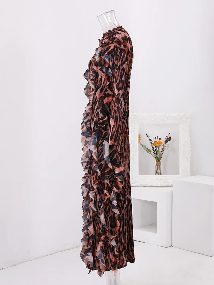 Women's Vintage Leopard Print Pleated Maxi Dress Ruffles Spliced Long Sleeves Maxi Dress Fashion