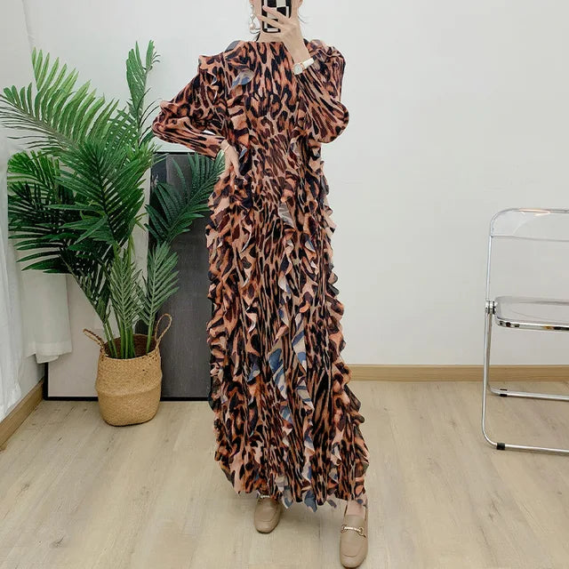 Women's Vintage Leopard Print Pleated Maxi Dress Ruffles Spliced Long Sleeves Maxi Dress Fashion