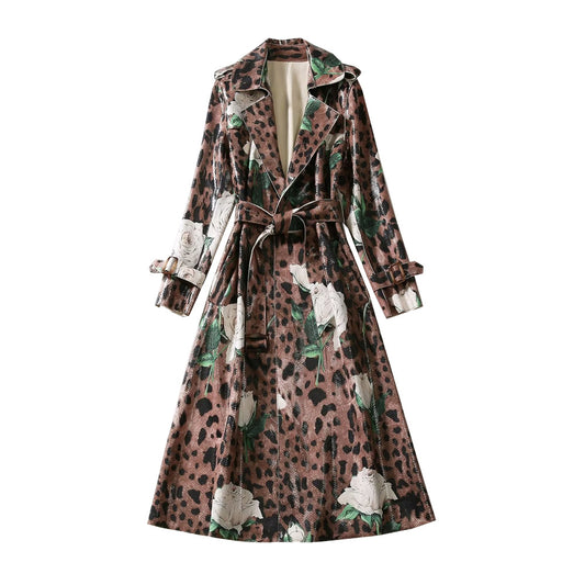 Women's Leopard Print Trench Coat Turn Down Collar Vintage Long Windbreaker Leather Jacket Outerwear