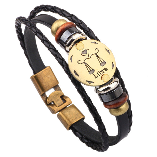 12 Horoscope Leather Bracelet Men Jewelry Vintage Retro Charm Bracelet Male Jewelry 8.2