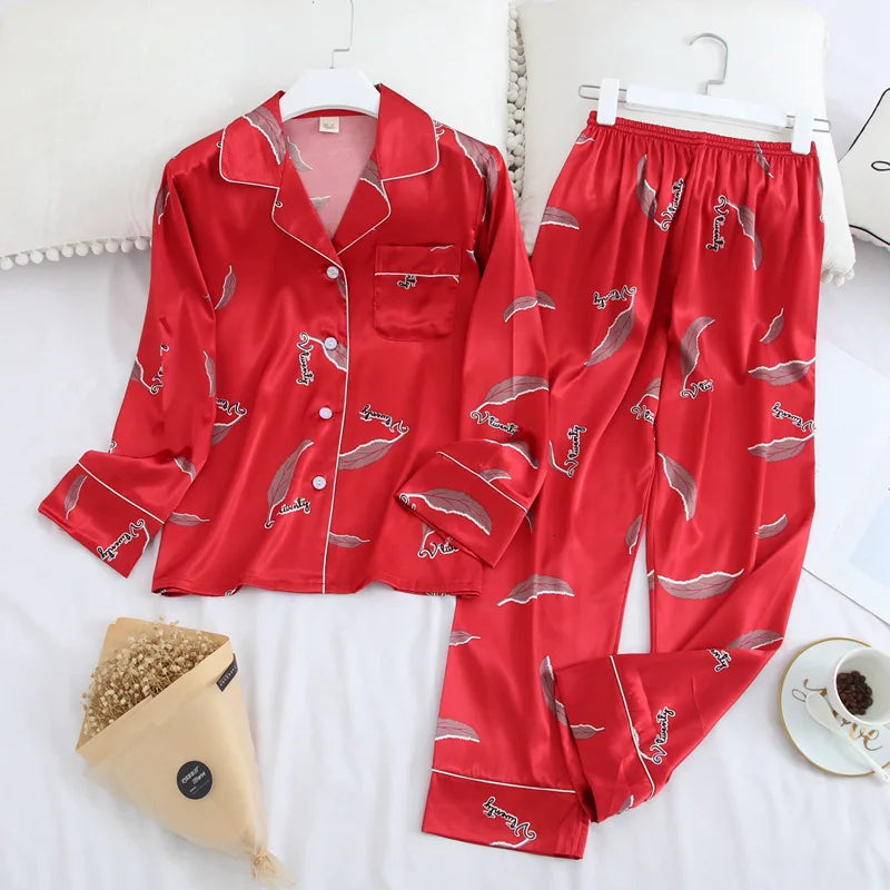 Women's Long Sleeve Pajamas Fall Ice Silk Long Sleeve Pants Set Printed Fashion Pajamas Set