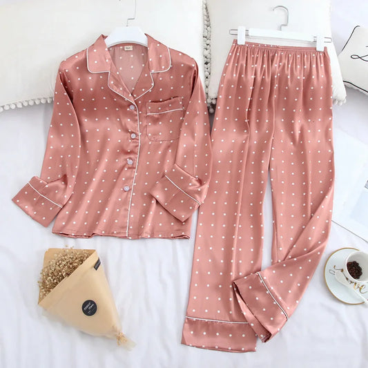 Women's Long Sleeve Pajamas Fall Ice Silk Long Sleeve Pants Set Printed Fashion Pajamas Set