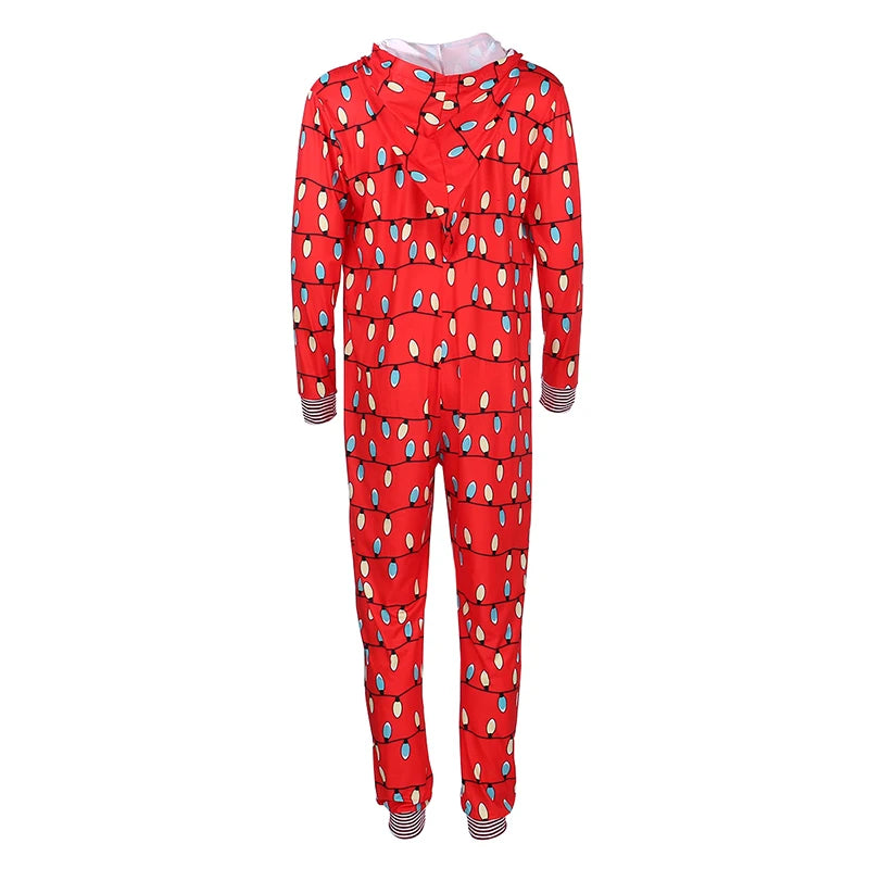 Family Christmas Pajamas Onesis Parent-Child Matching Sleepwear Jumpsuit String Lights Pattern Zipper Xmas Romper with Hood for Family