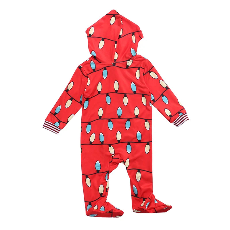 Family Christmas Pajamas Onesis Parent-Child Matching Sleepwear Jumpsuit String Lights Pattern Zipper Xmas Romper with Hood for Family