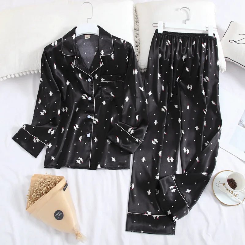 Women's Long Sleeve Pajamas Fall Ice Silk Long Sleeve Pants Set Printed Fashion Pajamas Set