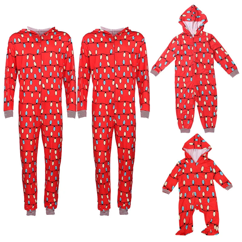 Family Christmas Pajamas Onesis Parent-Child Matching Sleepwear Jumpsuit String Lights Pattern Zipper Xmas Romper with Hood for Family