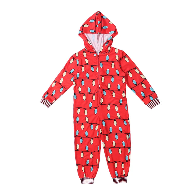 Family Christmas Pajamas Onesis Parent-Child Matching Sleepwear Jumpsuit String Lights Pattern Zipper Xmas Romper with Hood for Family