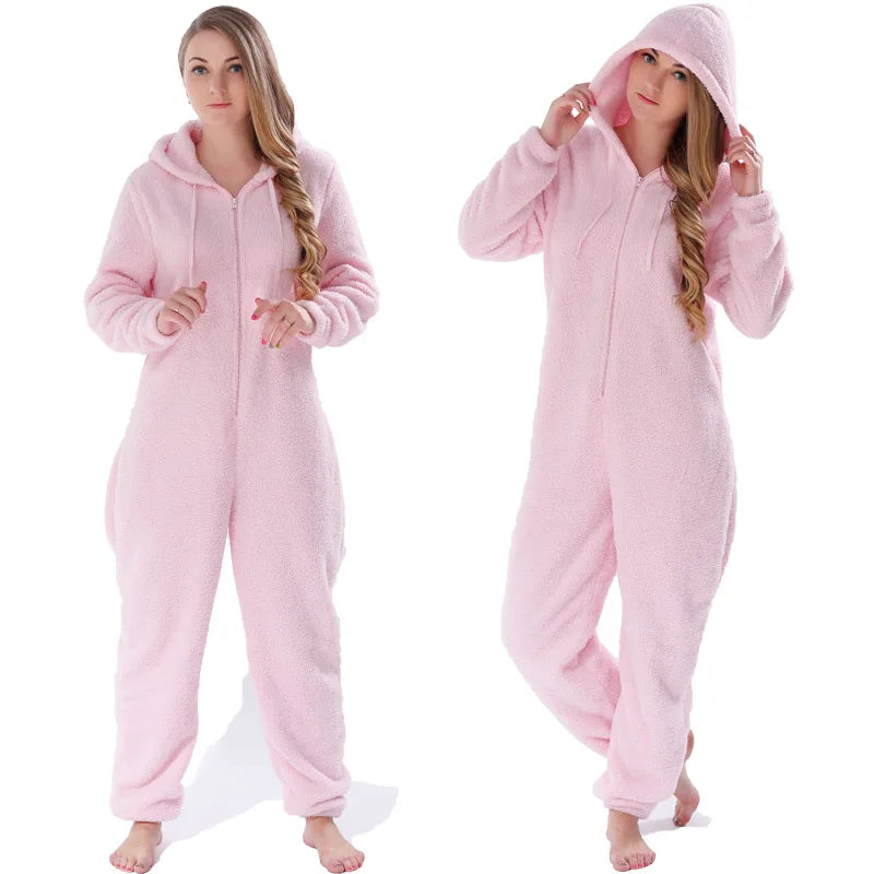 Women's Winter Warm Pajamas Women Onesies Fluffy Fleece Jumpsuits Sleepwear Overall Large Size Hood Sets Pajamas Onesie For Women