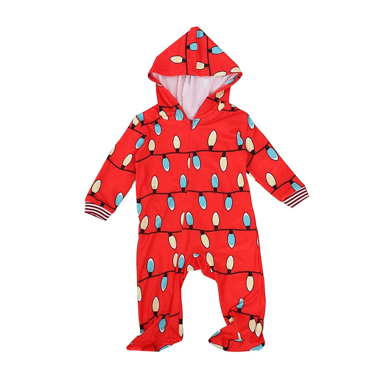 Family Christmas Pajamas Onesis Parent-Child Matching Sleepwear Jumpsuit String Lights Pattern Zipper Xmas Romper with Hood for Family