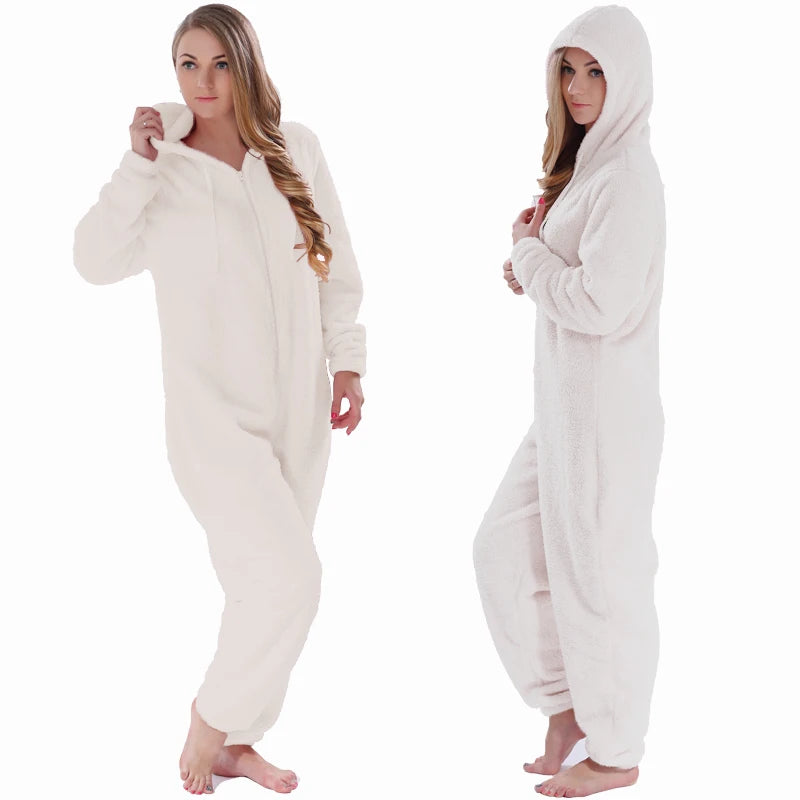 Women's Winter Warm Pajamas Women Onesies Fluffy Fleece Jumpsuits Sleepwear Overall Large Size Hood Sets Pajamas Onesie For Women