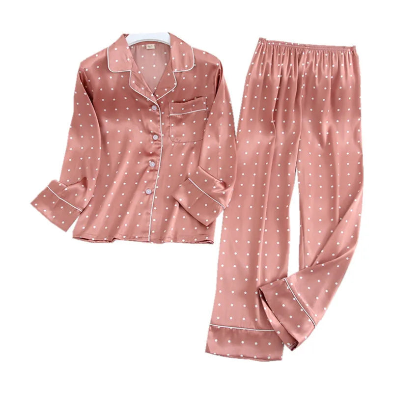 Women's Long Sleeve Pajamas Fall Ice Silk Long Sleeve Pants Set Printed Fashion Pajamas Set