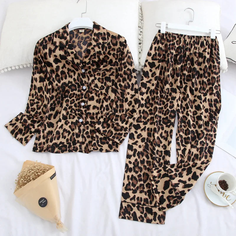 Women's Long Sleeve Pajamas Fall Ice Silk Long Sleeve Pants Set Printed Fashion Pajamas Set