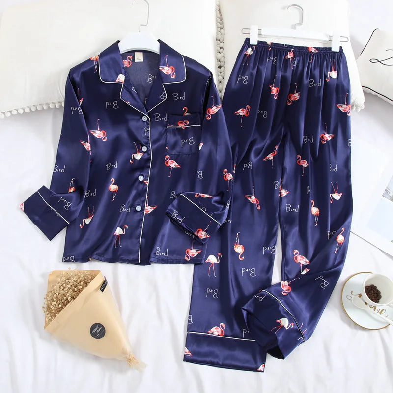 Women's Long Sleeve Pajamas Fall Ice Silk Long Sleeve Pants Set Printed Fashion Pajamas Set