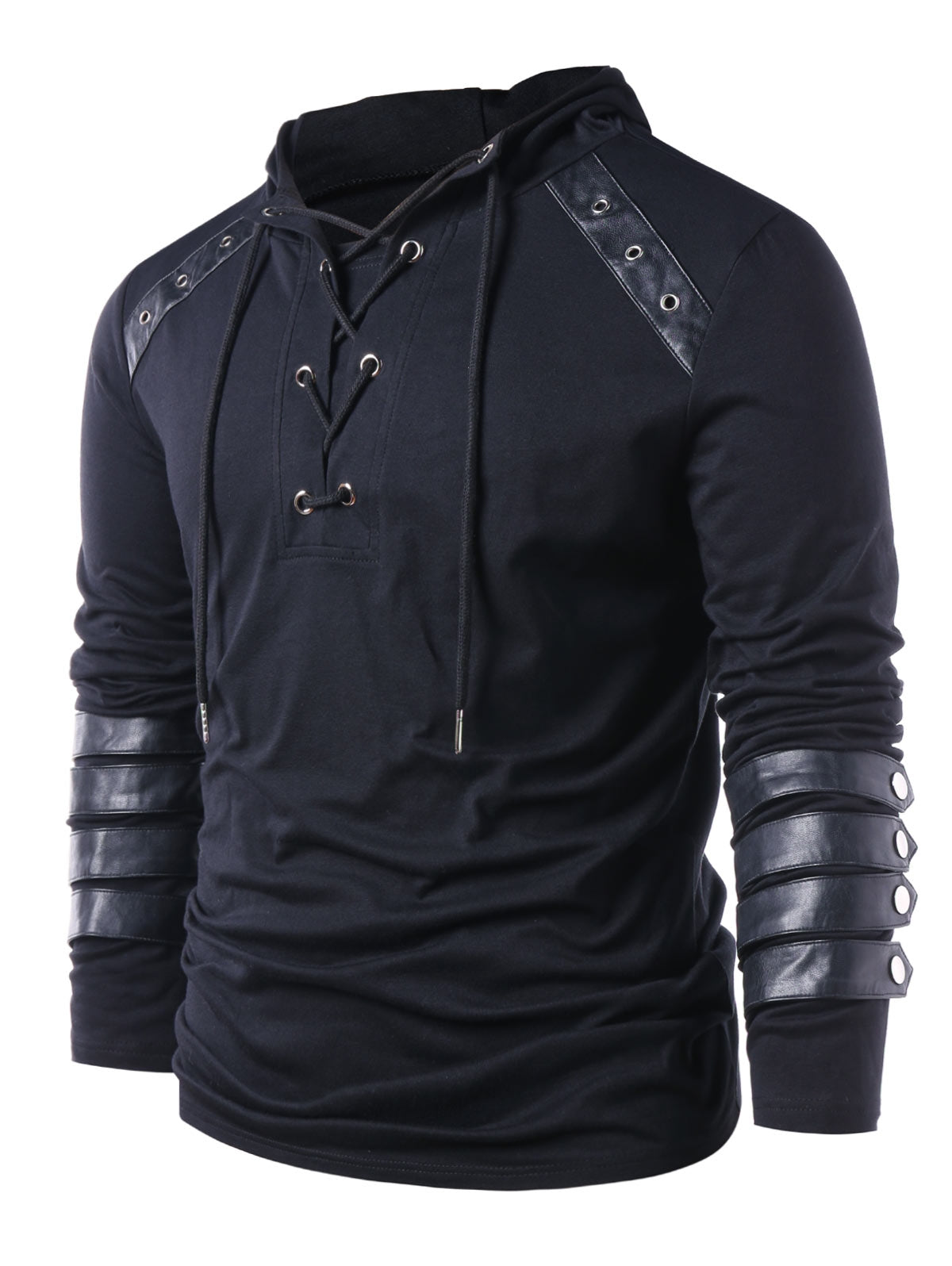 Men's Black Faux Leather Lace Up Hoodie