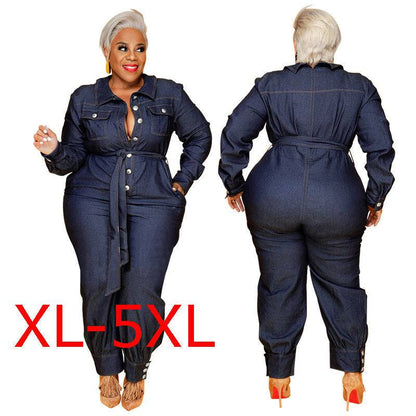 Mid-Size Women's Blue Denim Button Up Belted Jumpsuit