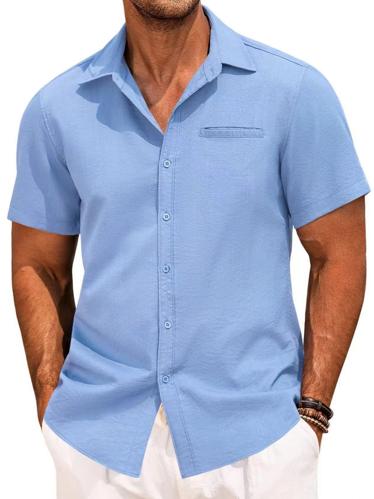 Polo Collar Solid Color Short Sleeve Button Shirt - Clothing Personality