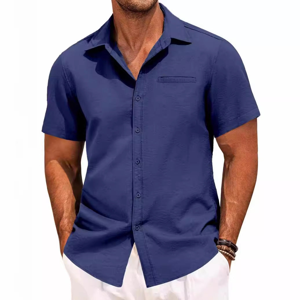 Polo Collar Solid Color Short Sleeve Button Shirt - Clothing Personality