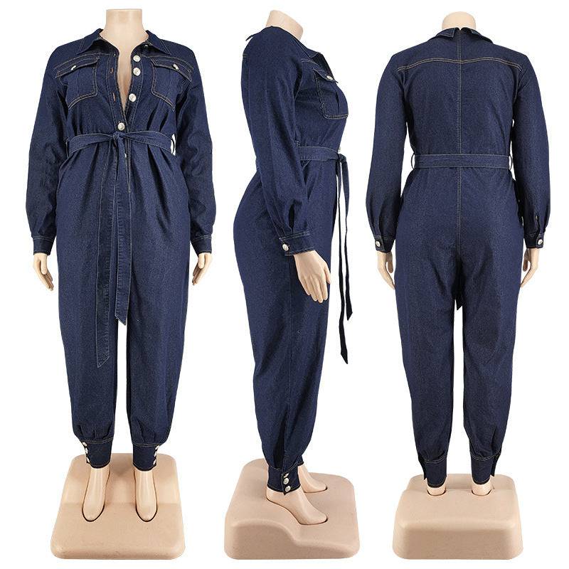 Plus Size Women's Blue Denim Button Up Belted Jumpsuit