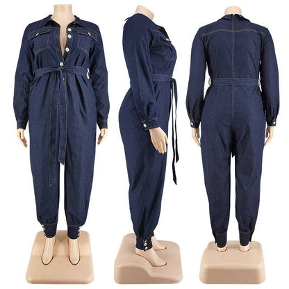 Plus Size Women's Blue Denim Button Up Belted Jumpsuit