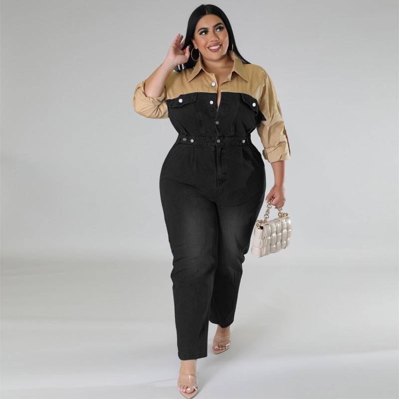 Front view of Plus Size Women's Color Block Dual Tone Long Sleeve Loose Fit Jumpsuit
