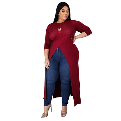 Plus Size Women's Split Dress Top Red Side View