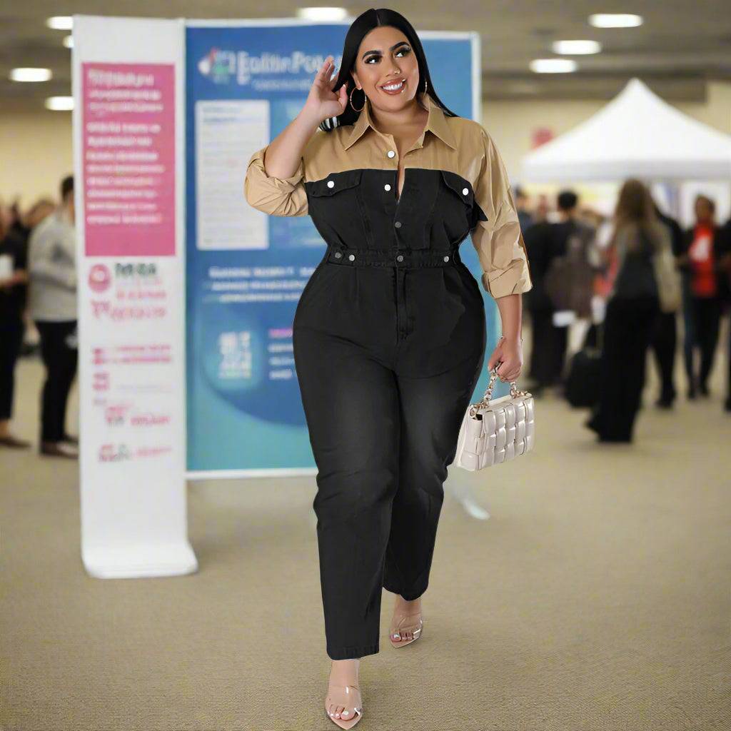 Model wearing a trendy long sleeve jumpsuit for plus-size women in a casual setting
